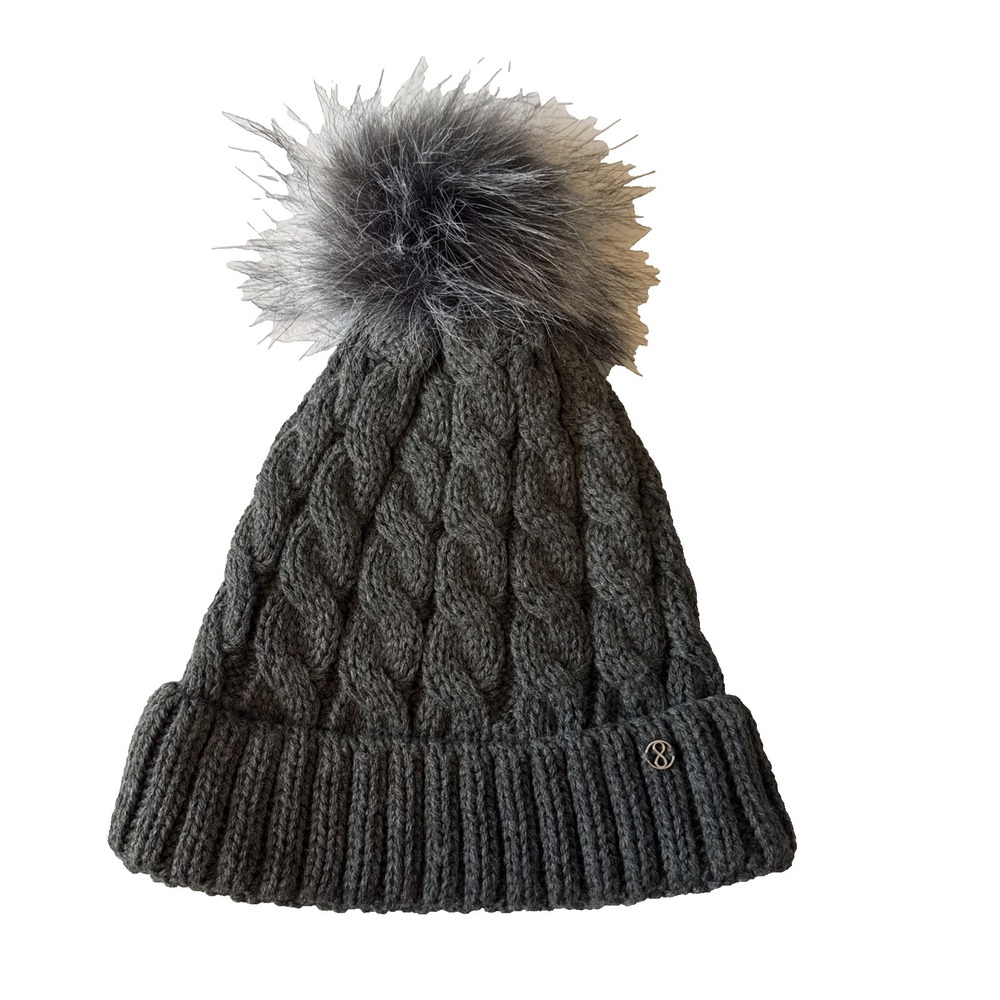 Layer 8 Womens Cable Knit Beanie Hat Gray Omni Heat Pom Pom OS Thermal Winter